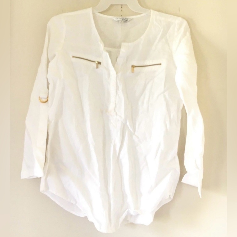 Company Ellen Tracy Size XL 100% Linen White Top Blouse Women Gold Accents Rare
